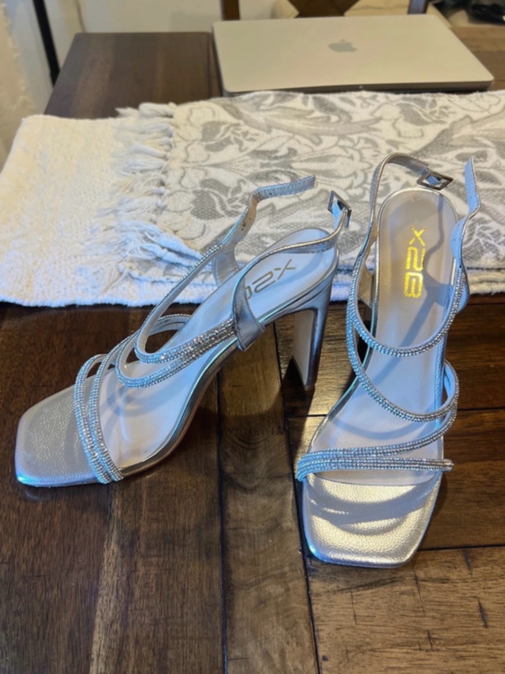 X2 Silver Strappy Rhinestone Slingback Heels